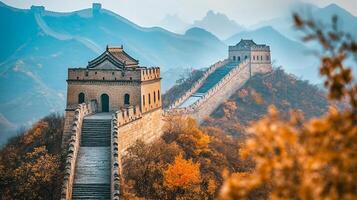 Iconic architecture of the Great Wall of China, winding through mountains under a hazy blue sky with autumn colors. photo