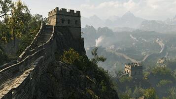 Scenic view of a historic stone wall stretching through a mountainous landscape, with a fortified tower perched atop a rugged cliff. photo