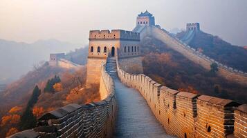 Iconic Great Wall stretches across the mountainous terrain, displaying incredible architecture against a hazy, atmospheric backdrop. photo
