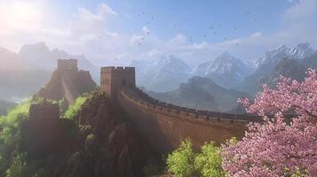 Majestic wall meanders across mountainous terrain, blossoms frame the vista, birds soar. A timeless scene with history and beauty intertwining. photo