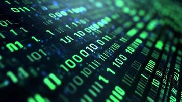 Abstract digital display of binary code in shades of green, symbolizing technology, data processing, and the digital world. photo