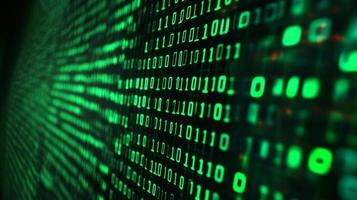 Green binary code streams across a dark screen, symbolizing data, cybersecurity, and the digital world's complex inner workings. photo