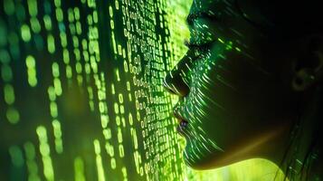 Illuminated woman's profile merges with streaming binary code. Green hues create a futuristic digital aesthetic. photo