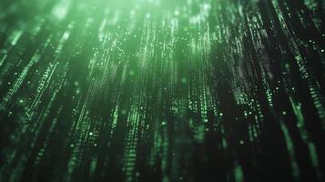 Abstract depiction of falling green lights, resembling digital rain or data streams. Perspective creates depth, suggesting advanced technology. photo