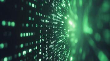 Abstract view of binary code stream, representing technology, data processing, and cybersecurity. Green hues convey digital energy. photo