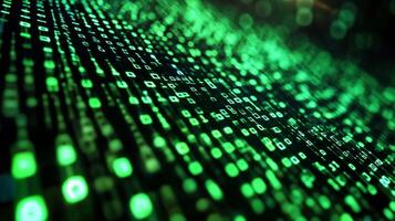A digital cascade of vibrant green binary code flowing diagonally across a dark background, symbolizing data streams and digital landscapes. photo
