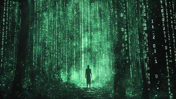 Silhouette gazes up in a surreal forest of binary code, illuminated by ethereal green light. A digital dreamscape where nature meets technology. photo