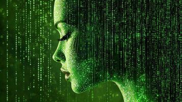 An artistic profile view of a person blending with cascading digital data. The image evokes themes of technology, identity, and integration. photo