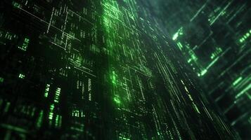 Emerald digital matrix abstract design. Futuristic technology background. Digital code in virtual space. Deep learning concept. photo