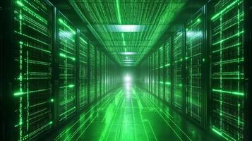 Illuminated server room featuring vibrant green lines of data flowing, creating a futuristic and high-tech digital environment. photo