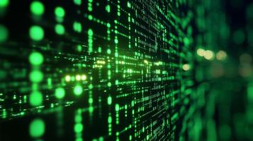Abstract glowing green data streams. Evokes high-tech, computer networks, digital information, cybersecurity, and futuristic technology. photo