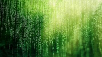 Cascading green code streams down the screen, like data rain. Represents digital information and data processing, matrix style visual. photo