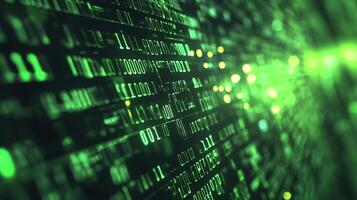 Abstract digital matrix of binary code, glowing green. Data stream concept, technology background, cyberspace visualization. photo