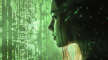 A woman in a neon green digital space, surrounded by cascading computer code and glowing particles, blending technology and humanity. photo