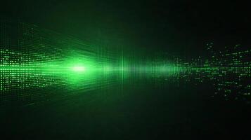 A mesmerizing display of digital artistry unfolds, revealing a grid of emerald-lit pixels pulsing with electric energy in the dark void. photo