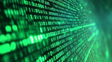 Green binary code streams digitally, symbolizing data flow, security, and computation. Ideal for technology or digital backgrounds. photo