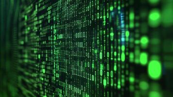 Abstract green digital display. The background screen glows with computer code represented by the binary numbers one and zero. photo