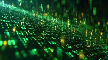 Abstract digital data stream with green binary code floating in a futuristic network. Technological concept, cyber space backdrop photo