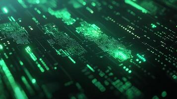 Futuristic green digital matrix background with glowing dots and lines suggesting a complex electronic circuit board. photo