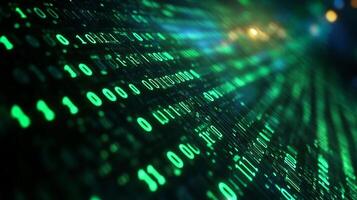 A vibrant stream of binary code cascades down, illuminated in green, representing data flow and computational processes in digital realms. photo