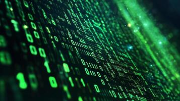 Digital data stream with glowing green binary code. Represents complex computation, cybersecurity, or futuristic technology concepts. photo