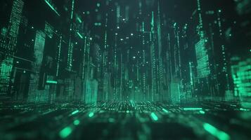 Abstract digital city made of glowing green code. Futuristic cityscape of data streams and virtual reality for advanced technology concepts. photo