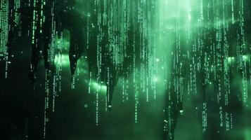 Ethereal digital waterfall of green code cascading down, creating a surreal and immersive technological environment. photo