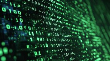 Binary code streams down the screen, a matrix-like display of digital information. The numbers glow green against the dark background. photo
