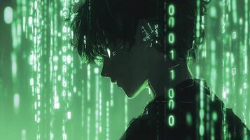 Digital portrait of a focused person immersed in flowing digital code, glowing green against a dark background. Cyberpunk atmosphere. photo