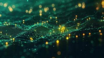 Abstract digital landscape with glowing nodes and undulating lines, evoking data flow and futuristic technology. Green and gold palette. photo