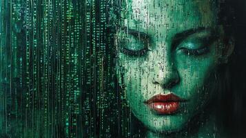 A surreal digital portrait merges a woman's face with cascading lines of code, creating a captivating fusion of humanity and technology. photo