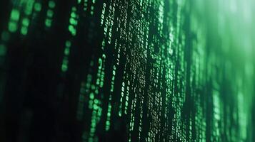 Abstract digital screen filled with rows of glowing green binary numbers. Suggests coding, cybersecurity, or information technology. photo