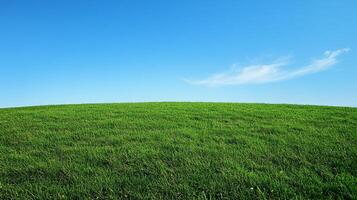 Lush green field meets a clear blue sky with a wisp of white cloud, creating a tranquil and scenic landscape for recreation. photo
