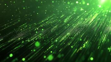 Radiant streaks of light cascade across a dark backdrop, casting a magical glow, creating depth and mystery with shimmering green particles. photo