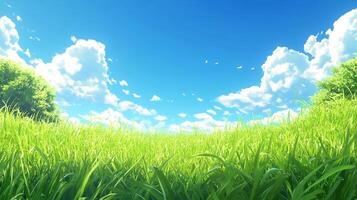 A vibrant meadow under a bright blue sky filled with fluffy white clouds evokes peace, warmth, and a serene sense of freedom and beauty. photo