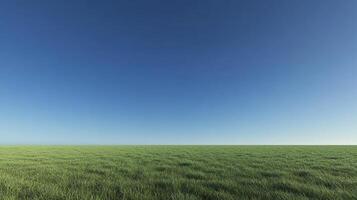 Expansive green field under a clear blue sky, offering a tranquil and open landscape view. Serene nature scene for backgrounds or imagery. photo