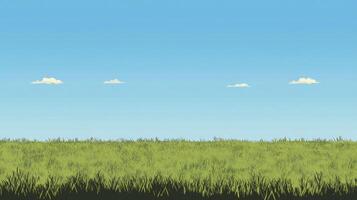 Wide view of grassy field beneath a blue sky dotted with scattered clouds, creating a serene and open landscape on a sunny day. photo