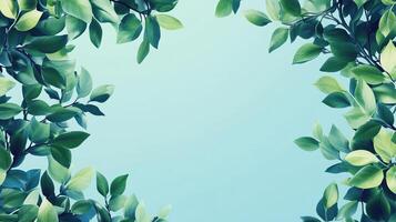 Lush foliage frames a serene light blue backdrop, creating a natural border and evoking feelings of freshness and calm. photo