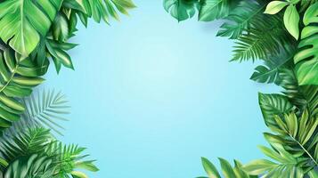 Lush green leaves frame a soft blue backdrop, creating a serene tropical vibe. Ideal for backgrounds and nature-inspired designs. photo