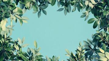 Green leaves against a light blue backdrop, creating a fresh and natural frame, evoking a sense of calm and serene nature photo