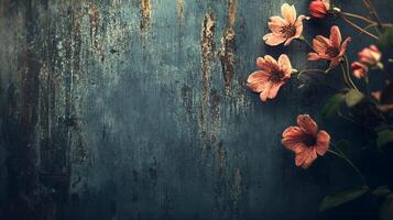 Flowers on a blue backdrop bring nature's delicate beauty to a rustic setting, creating a visually intriguing floral artwork. photo