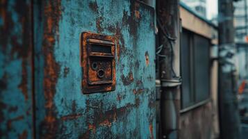 Weathered metal box with rust details in an urban setting displaying aging and a sense of decay. Moody atmosphere with detailed textures. photo