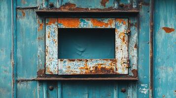 Weathered industrial hatch shows signs of rust and age, with textures and teal tones, creating a sense of abandonment and decay. photo