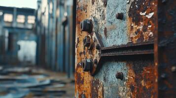Close-up of corroded metal door with rust and weathered texture, reveals industrial decay and abandonment. The old building in background. photo