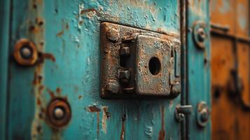 Close-up of an old, weathered metal surface with a rusted lock and bolts, showing signs of decay and age with chipped paint. photo