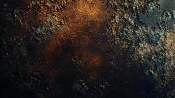 Abstract depiction of corroded metal surface showcasing textures with dark undertones and vibrant orange rust deposits in a rough pattern. photo