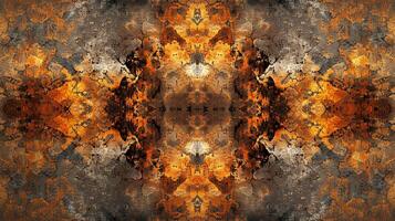 Abstract rust-colored symmetrical pattern resembling fire, showing a grunge and weathered texture with dark and light contrasts. photo