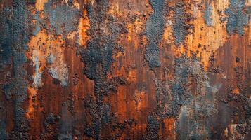 Rust and decay, with a mix of black and orange. A close-up texture of corroded material evokes age, neglect and industrial decline. photo