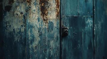 Rustic blue wooden door with peeling paint and weathered metal hardware, showcasing decay and aged texture. A worn and distressed surface. photo