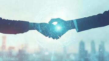 Digital handshake symbolizing global connections, innovation, and partnership against a backdrop of a modern cityscape. photo